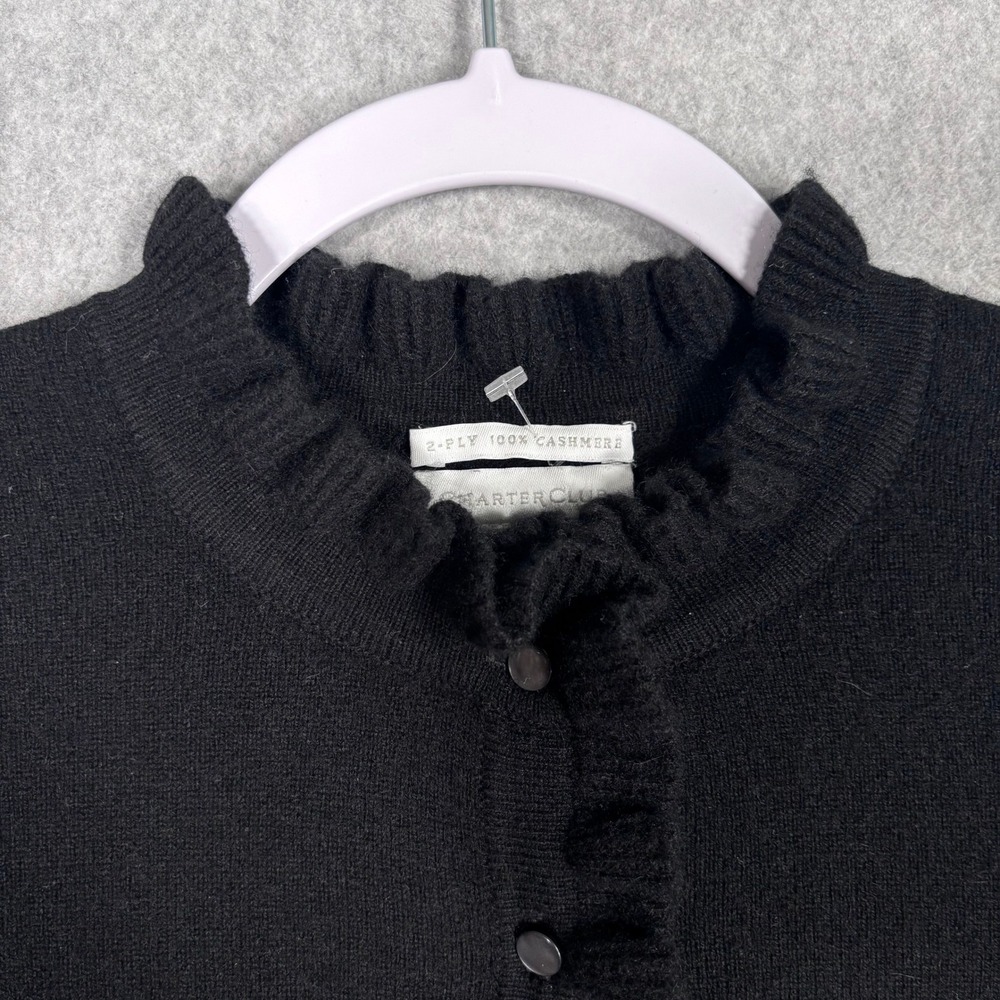 Charter Club 100% Cashmere Sweater‎ Small Black Ruffle Neck Henley Twee Preppy - Picture 4 of 10